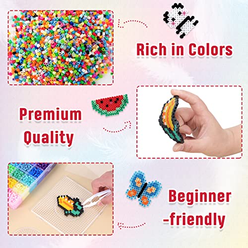 QUEFE 5200pcs Fuse Beads Kit for Boys and Girls, 24 Colors 5mm Melting Beads Set Including Pegboards, Ironing Paper, Tweezers, Colorful Hooks for Birthday and Christmas Gift