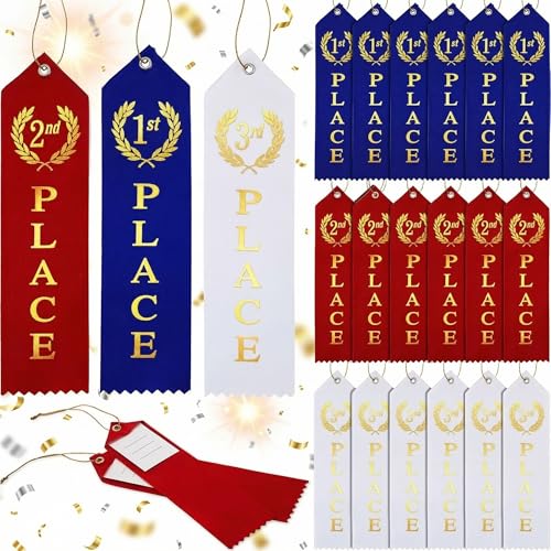 75 rubans de récompense plats bleus blancs rouges en carton avec cordes pour compétitions