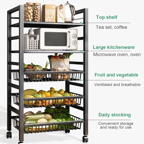 Carrello da Cucina con Ruote, Carrello per microonde con Contenitore - Scaffale da Cucina, Ripiani e Ripiani Regolabili, Ripiani in Metallo robusti con Ruote, Carrello per Frutta e Verdura
