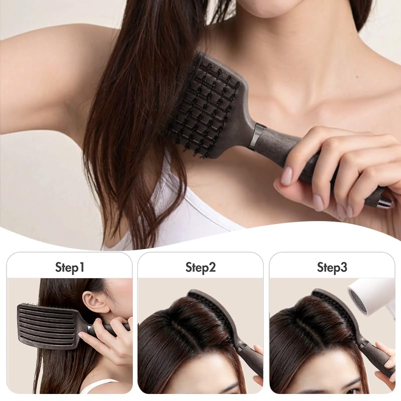 Boar Bristle Hair Brush for Women, Curved Vented Detangling Brushes for Wet& Dry Hair, Styling Paddle Massage Hairbrush for Slick Back, Volume and Shine,Ergonomic Handle for Comfortable Grip