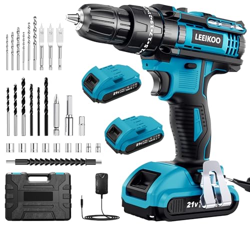 Taladro Percutor a Bateria 21V, Taladro Atornillador Bateria, 42N.m Atornillador Electrico con 2 Baterías 2.0Ah, 25+3 Ajuste de Par, 30 Accesorios, 2 Velocidad, Para Hogar, Bricolaje