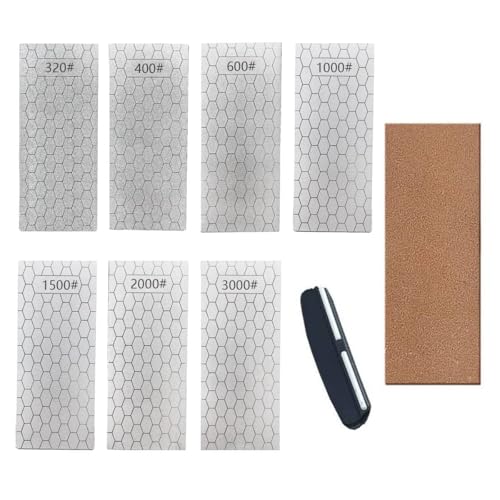 Diamond Sharpening Stone, Knife Sharpener Stone Whetstone Honeycomb Surface Plate with Non-slip Base for Pocket Knives Scissors (320/400/600/1000/1500/2000/3000 Grit,with Angle Guide and Leather)