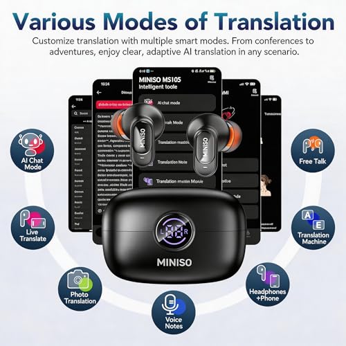 Image of MINISO MS105 AI Translation Earbuds Real Time, 165 Language Translator Earbuds, Audifonos Traductores Ingles Espanol, Bluetooth 6.0 Translator Headphones for Business Travel Language Learning, Green
