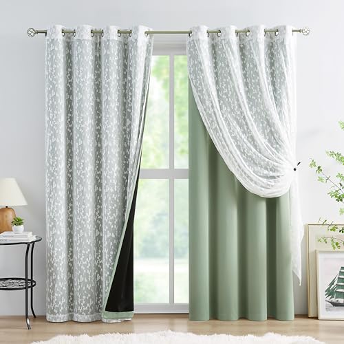 Image of Mix Matched Green Full Blackout & Sheer Leaf Lace Curtains 52 inchWx84L 5Panels