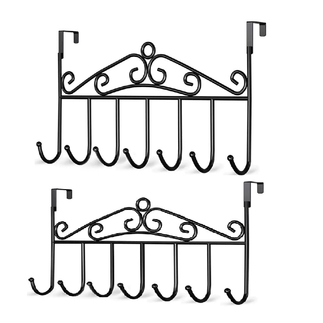 CANWAY Metal 2 Pieces Over The Door Hanger With 7 Hooks For Home And Office, No Drilling Required, Black