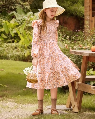 GRACE KARIN Girls Long Sleeve Fall Floral Dress Ruffle Round Neck Smocked Layered Hem2