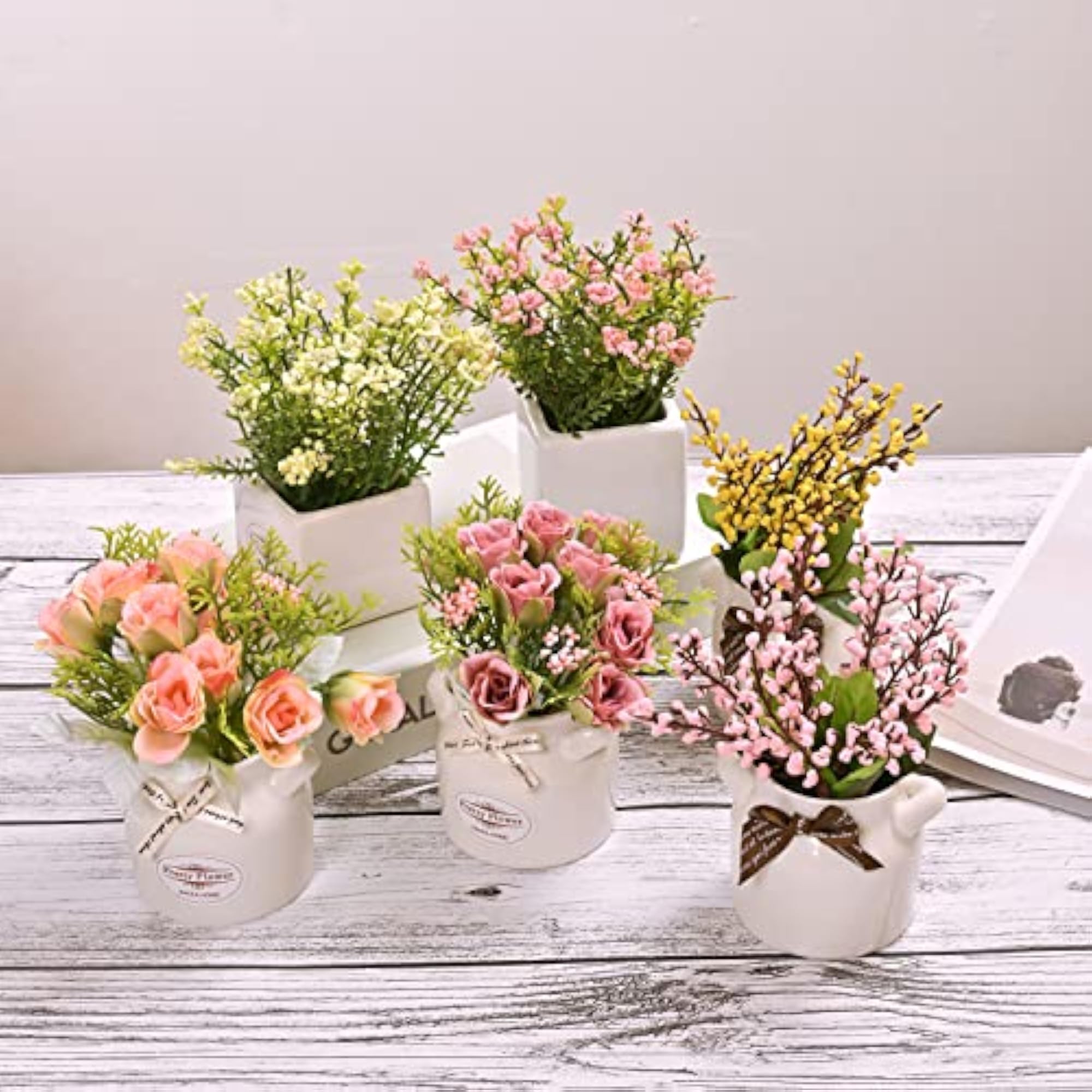 6Pcs Artificial Pot Flowers with Ceramic Pots for Home Decor