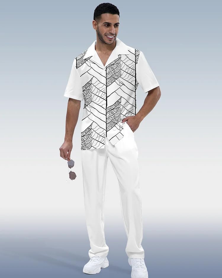 Men's printed short sleeved shirt long pants two-piece set button lining top loose pants summer beach vacation set2