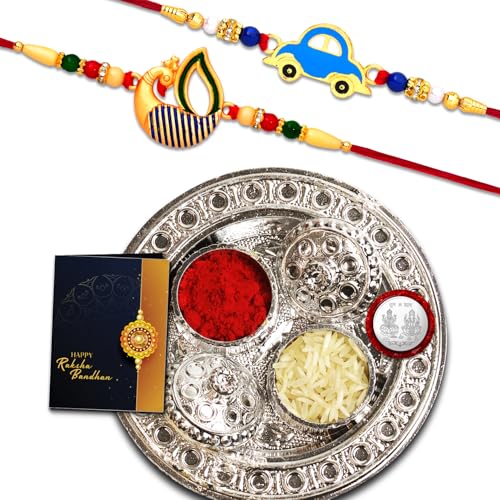 Image of Oblivion Mixed Design Multicolour Beaded Rakhi Set of 2 for Brother with Silver Colour Pooja Coin, Pooja Thali and Greeting Card for Raksha Bandhan