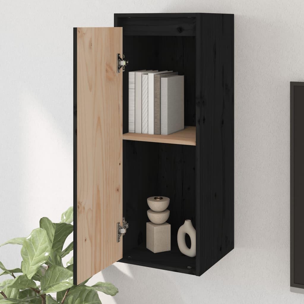 Black Solid Pine Wood Floating Wall Cabinets, Set of 2 | Measuring 30x30x80 cm, these wall-mounted units organize books and decor in your living room, hallway, or media center.