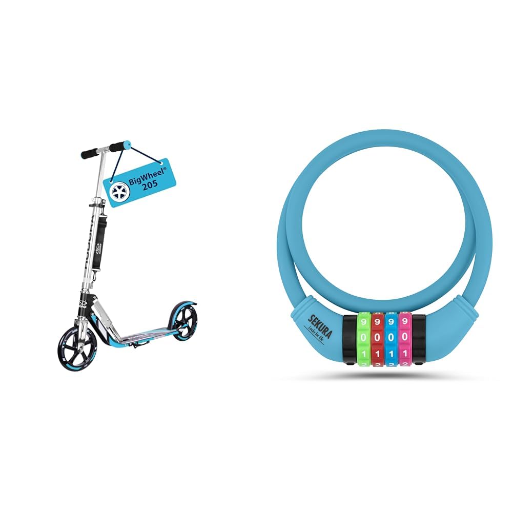 HUDORA BigWheel 205 Scooter - Stabiler Aluminium-Roller & Büchel Fahrradschloss Kinder I Farbenfroh und ohne Schlüssel