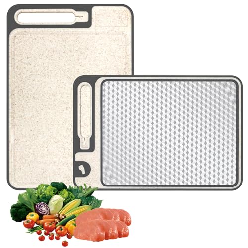 Planche à Découper de Cuisine 2-en-1 Double Face 37 x 25 cm, Planche a Decouper Inox 304 avec Zone de Râpe et D'aiguisage Intégrées pour Viande, Fruits et...