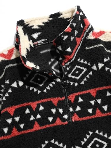 Image of ZAFUL Men 1 /4 Zipper Ethnic Aztec Fleece Unisex Winter Sweatshirt Tops 2026 | Funnel Neck Fluffy Polar Fleece Faux Sherpa Soft Thermal Pullover Kangaroo Pocket Jacket Hoodie Tops