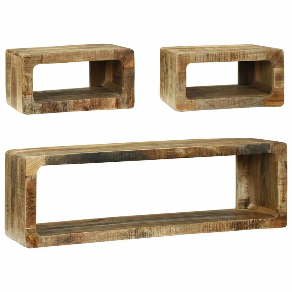 Set di mobili per TV con mensola, 3 pezzi, in legno massiccio di mango, con vano portaoggetti, rack HiFi e cassettiera per CD, DVD, per soggiorno, home theater, gaming, con cassetto, scomparto