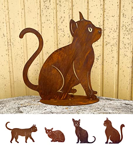 Steinfigurenwelt - Figura de gato sentado sobre placa y mira alto (40 x 37 cm, metal oxidado) Cover