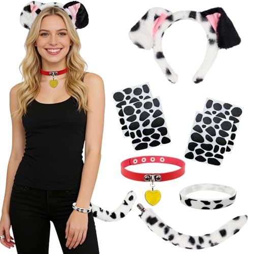 5 Stück Dalmatiner Kostümset für Erwachsene Hundeohren-Haarreif Halskette Schwanzarmband und Aufklebern ideal für Halloween Karneval Cosplay Welttag des Buches und andere Verkleidungspartys.