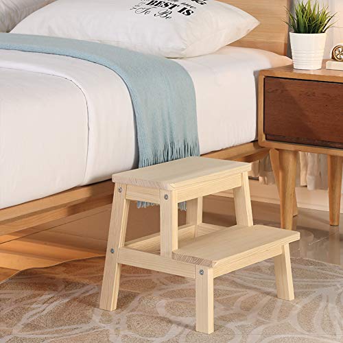 HOUCHICS Multi-Purpose Kids 2-Step Wood Step Stool with 260lb Load Capacity Wooden Bedside