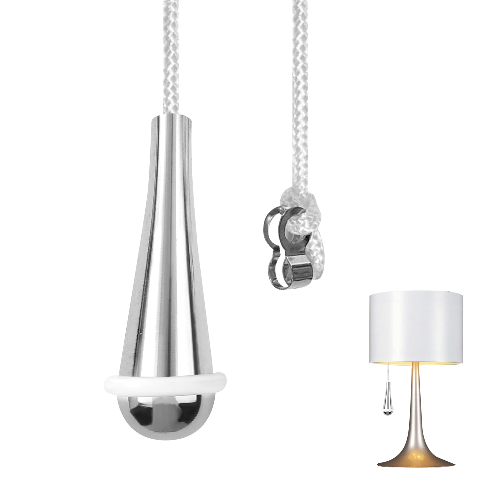 Azushwer Silver Bathroom Light Pull Cord Handle With 150Cm White Nylon Extension Replacement Pull Cord Switch For Shower, Toilet, Ceiling Lights And Fan