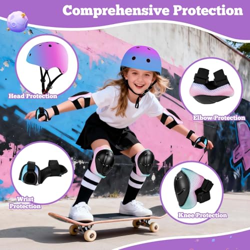 Image of Kids Bike Helmet Set Adjustable for Children, Boys, Girls and Teenagers Aged 3-14 Years Includes Elbow, Knee, Wrist Guards Children's Helmet Protection Set for Bikes SkateboardsRollerskates