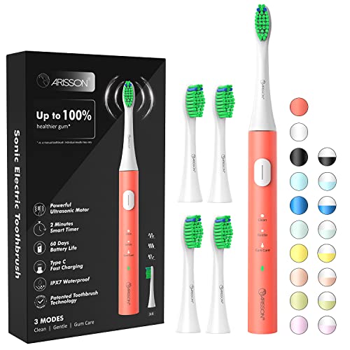 Image of ARISSON Sonic Electric Toothbrush for Adults and Kids, 40,000 VPM Power Toothbrush, 1.5H Fast Charge Ultrasonic Electric Toothbrushes with 2 Minutes Smart Timer, White on Peach Orange