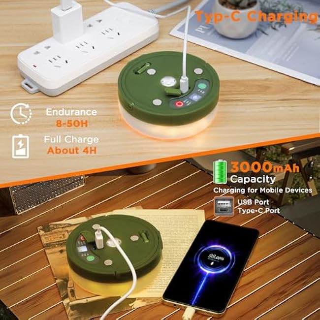 Retractable Camping String Lights, 33FT 3000 mAh Rechargeable 4 in 1 Tent Lights String with 9 Modes, Outdoor Portable Camper Lighting Waterproof, Camp Lamp for Party, Yard, Hiking Essentials