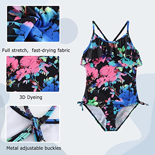 Image of Girls One Piece Swimsuits Ruffle Bathing Suit Kids Hawaiian Floral Swimwear 3-16 Years
