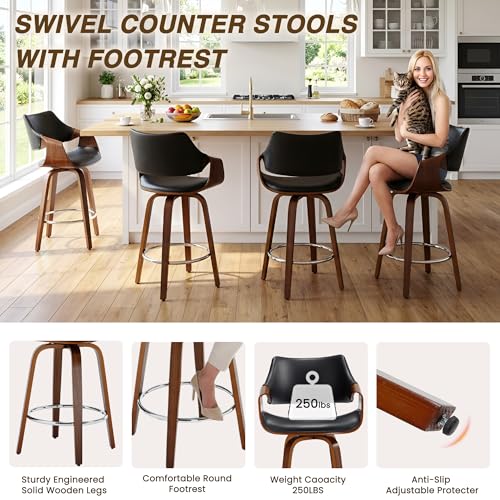 Image of HNY 26'' Modern Barrel Swivel Counter Stools Counter Height Swivel Bar Stools with Backs Set of 6, Black Faux Leather Bar Height stools, Farmhouse Solid Wood Barstools for Kitchen Island, Home Bar