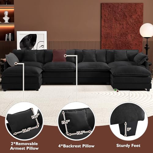 Image of Ihanherry U-Shaped Modern Sofa 146 inch Modular Sectional Cloud Couch with 2 Ottoman, 6-Seat Chenille Deep Seat Sofa with 6 Pillows for Living Room, Black