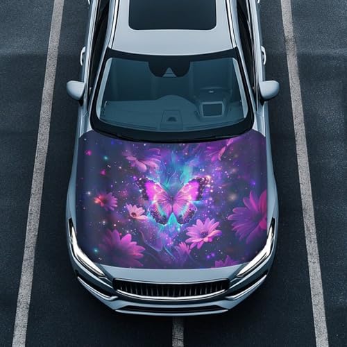 Image of Purple Butterfly Prints Car Hood Cover Stretch Polyester Protector for Car Hood Removable Automotive Accessories for Most Automotive Sedans Trucks Pickup SUVs
