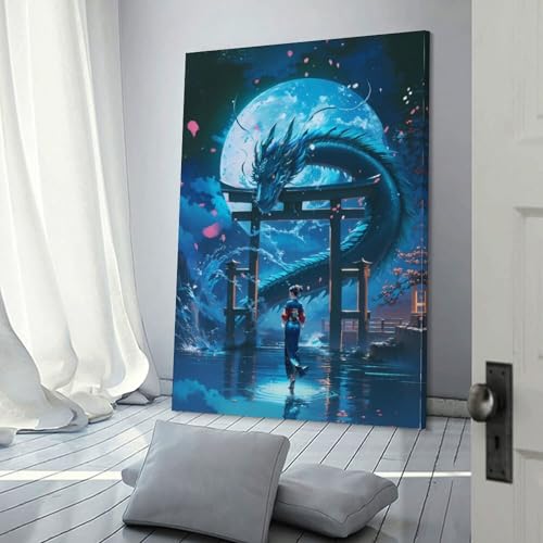 Affiche de voyage vintage Geisha et dragon bleu, toile décoration murale paysage 30 x 45 cm