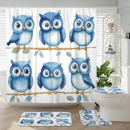 DESIHOM 4PCS Cartoon Cute Owl Shower Curtain Sets with Non-Slip Rug, U Shape and Toilet Lid Cover Mat, Watercolor Funny Kid Home Decor, Bathroom Accessory with 12 Hooks