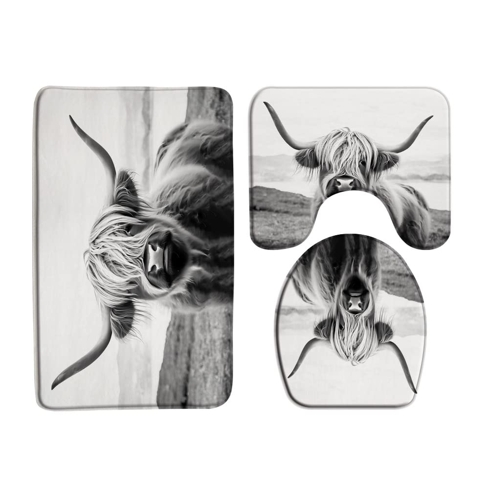 3 Piece Farmhouse Highland Cow Bath Mat Sets Farm Animal Portrait of Highland Cow Longhorn Bull Rustic Funny Western Bathroom Doormat Rugs,Toilet Seat Cover,U-Shaped Floor Mat