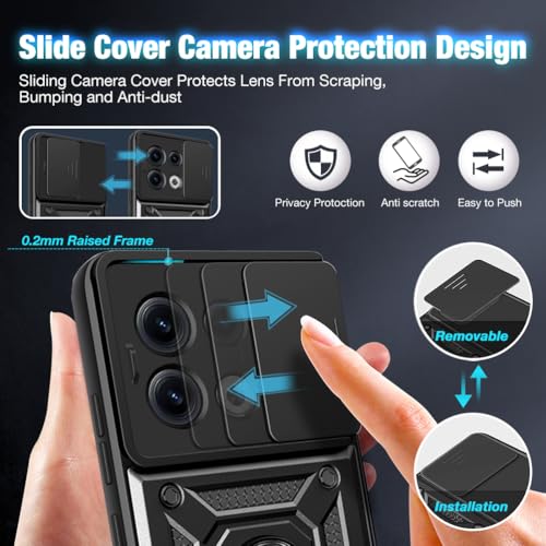Image of Heavy Duty Back Case Cover for Oppo Reno 13 Pro 5G, Shockproof Oppo Reno 13 Pro Back Cover, Ring Case with Kickstand and Camera Protection Shutter - Black