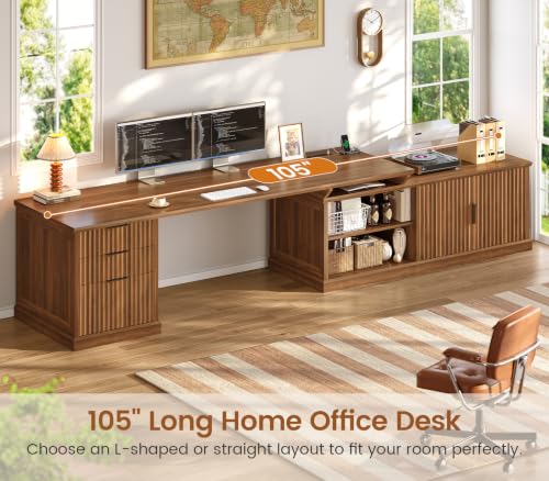 Image of SEDETA Fluted 70.9 inch L Shaped Desk with Drawers, Fluted Brown | Home Office Desk with Storage Cabinet and Storage Shelves,L Shaped Computer Desk with Power Outlet