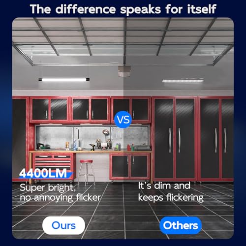 hykolity 2 pack 4ft linkable led shop light for garage 4400lm 4ft 42w 5000k daylight led workbench light fixture with plug hanging or surface mount black - etl