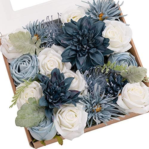 Ling's Moment Artificial Flowers Dusty Blue Dahlia Flowers Combo for DIY Wedding Bouquets Centerpieces Arrangements Party Baby Shower Home Decorations Bridal Shower