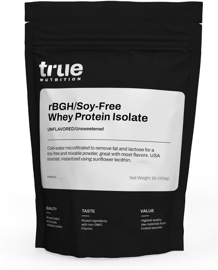 True Nutrition - rBGH/Soy Free Whey Protein Isolate [Milk] - 100% Grass Fed Whey Protein Powder with Essential Amino Acids - No Added Hormones or Antibiotics - Unflavored/Unsweetened 1lb.