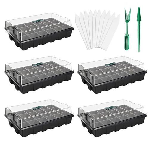 Richaa 5 Piezas 120 Celdas Semilleros de Germinacion Bandejas de Inicio de Semillas Inicio de Plantas Ajustable Humedad con Cúpula y Base para Cultivo Germinación Siembra