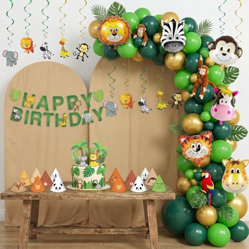 Image of Party Propz Jungle Theme Birthday Decoration Kit - 86 Pcs, Balloons for Birthday, Bday Decor Items with Animal Bday Cap, Jungle Happy Birthday Banner, Happy Birthday Decoration Kit (Cardstock)