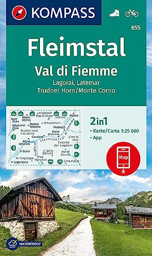 Cartina escursionistica n. 655 Val di Fiemme, Lagorai, Latemar: markierte Wanderwege, Hütten, Fahrradwege, inklusive Karte zur offline Verwendung in der KOMPASS-App