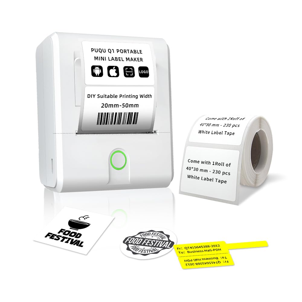 PUQU Q1 Label Maker - Portable Label Printer Bluetooth Wireless Thermal Sticker Machine for Clothing, Jewelry, Retail, Cable, Mailing, Barcode and More, Compatible with Android & iOS System, White