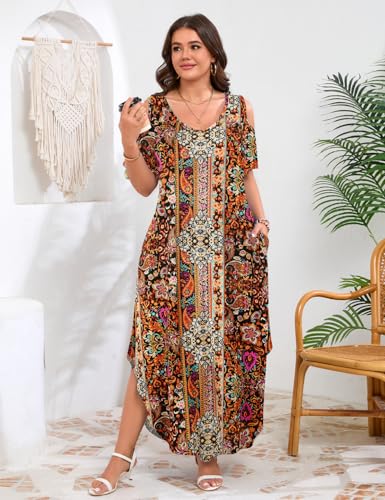 Image of JollieLovin Womens Plus Size Casual Summer Maxi Long Dress Cold Shoulder V Neck Beach Sundresses