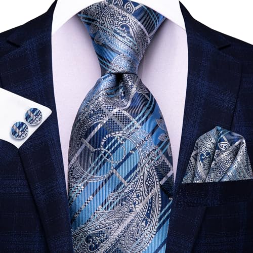 Image of Hi-Tie Men Ties Sets Silk Stripe Paisley Necktie Pocket Square Cufflinks for Business Wedding