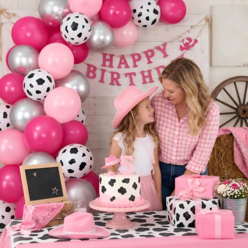 Image of Hot Pink Silver Cow Balloons Disco Cowgirl Birthday Last Rodeo Party Decor | Bachelorette Bride to be Baby Bridal Shower Western Cowboy 12INCH Pink Silver Helium Latex Balloons for Arch