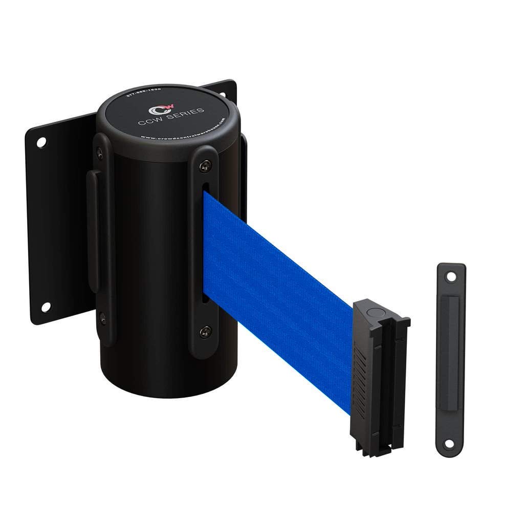 Crowd Control WarehouseCrowd Control Warehouse - CCW Series WMB-125 Fixed Wall Mount Retractable Belt Barrier with Black Steel Case, Blue Belt, 11' Belt Length