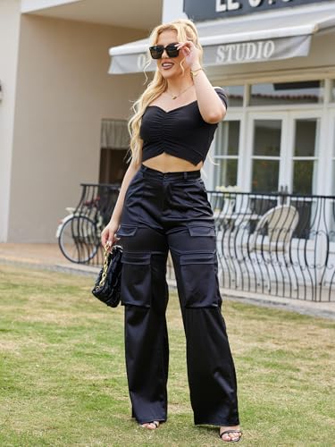 Satin Cargo Pants for Women High Waisted Wide Leg Silky Dressy Club Outfits with Pockets Casual Streetwear2