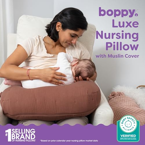 Image of Boppy Nursing Pillow, Cotton Muslin Ergonomic Breastfeeding Support Pillow | Bottle & Breastfeeding Pillow, High Lift & Firm Support, Water-Resistant, Washable Cotton Muslin Cover - Chestnut