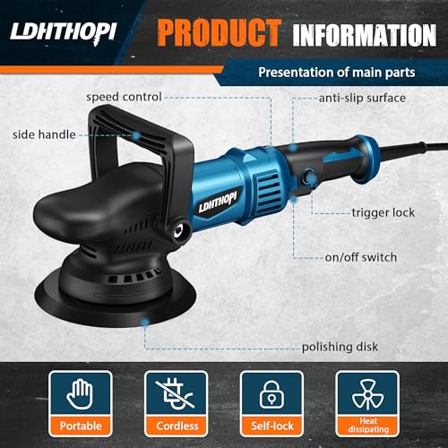 Image of LDHTHOPI Dual Action Polisher, 980W 5 /6 Inch, 2026 Upgraded 9MM Random Orbital Buffer Polisher for Car Detailing, 2800-5800RMP, 6 Variable Speed Buffer Polisher with 8 Detachable Pads