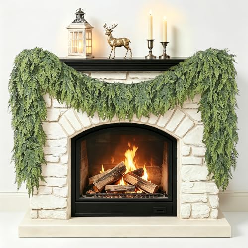 Christmas Garland Real Touch Cedar Garland with Upgrade Large Cedar Branches 9 ft Lush Realistic Faux Pine Garlands for Mantle, Table, Stairs, Doorframe, Fireplace Indoor Outdoor Holiday Decorations