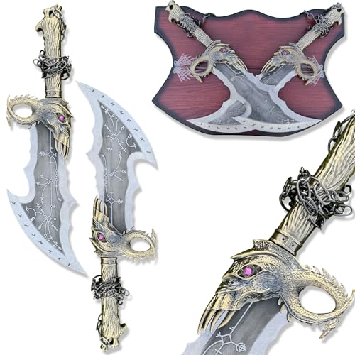 Kratos Chaos Blade of GOW, aus Metall, EIN Satz von Zwei Bades of Chaos mit Display-Plakette, Kratos Metall-Kettenschwert, HIMMEL STORE Sword für Cosplay Display und Geschenk
